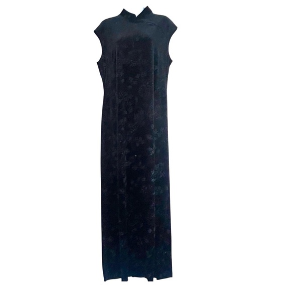 CDC Vtg 90s Y2K Black Velvet Sparkle Beaded Maxi Dress Size L 14 Mandarin Collar - Picture 1 of 13